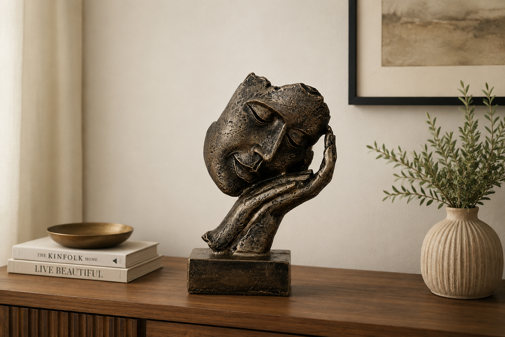 Golden Resin Human Face Statue Sleeping on Hands Decorative Showpiece for Home Decor Living Room Bedroom