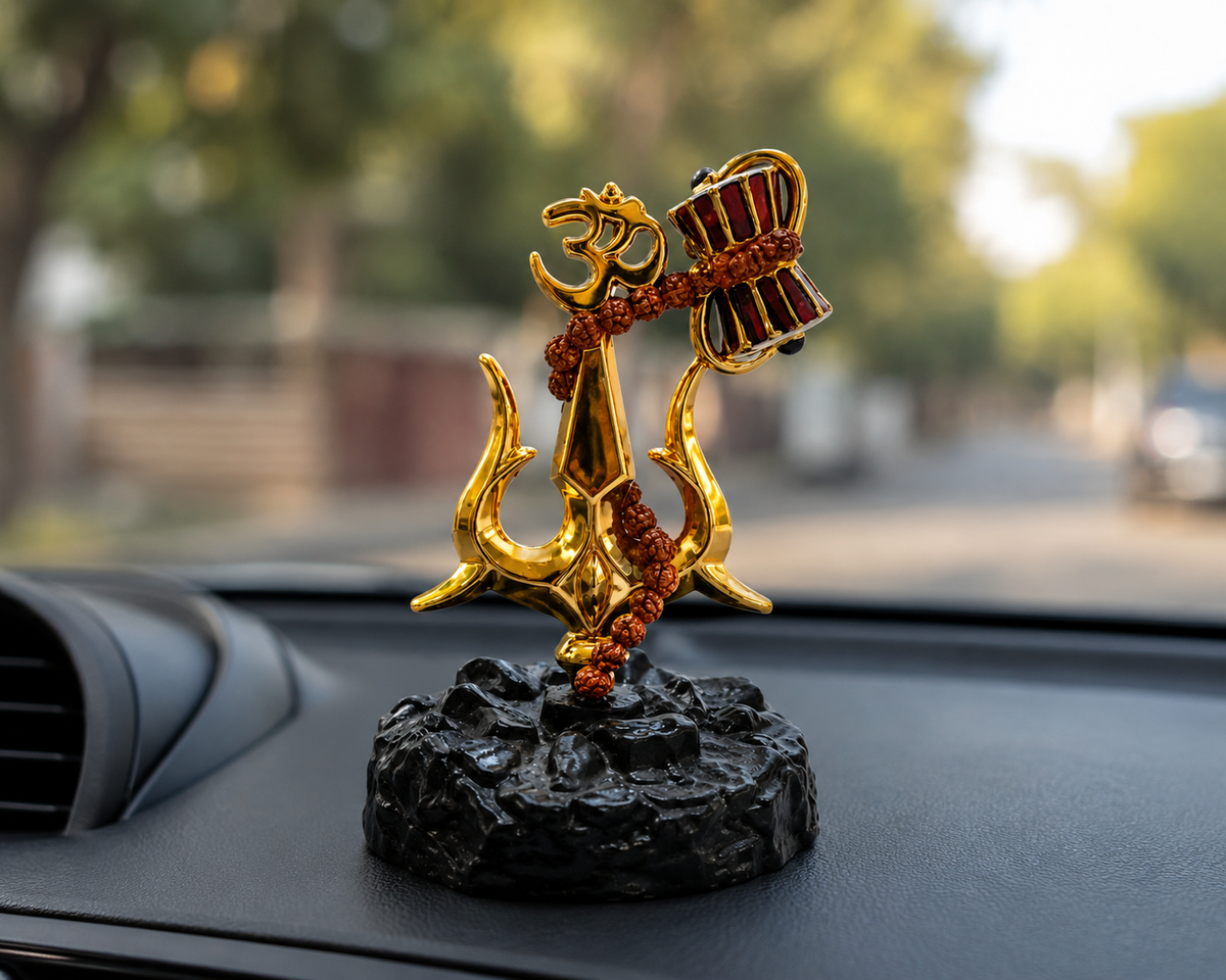Golden Trishul Idol with Damru for Car Dashboard | home decor
