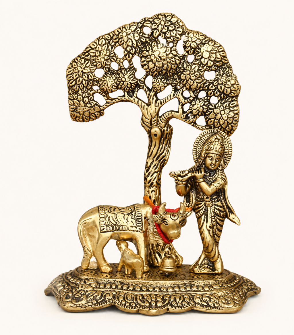 Krishna with Cow Standing Under Tree Plying Flute Decorative Showpiece Decorative Showpiece - 17 cm (Metal, Gold)