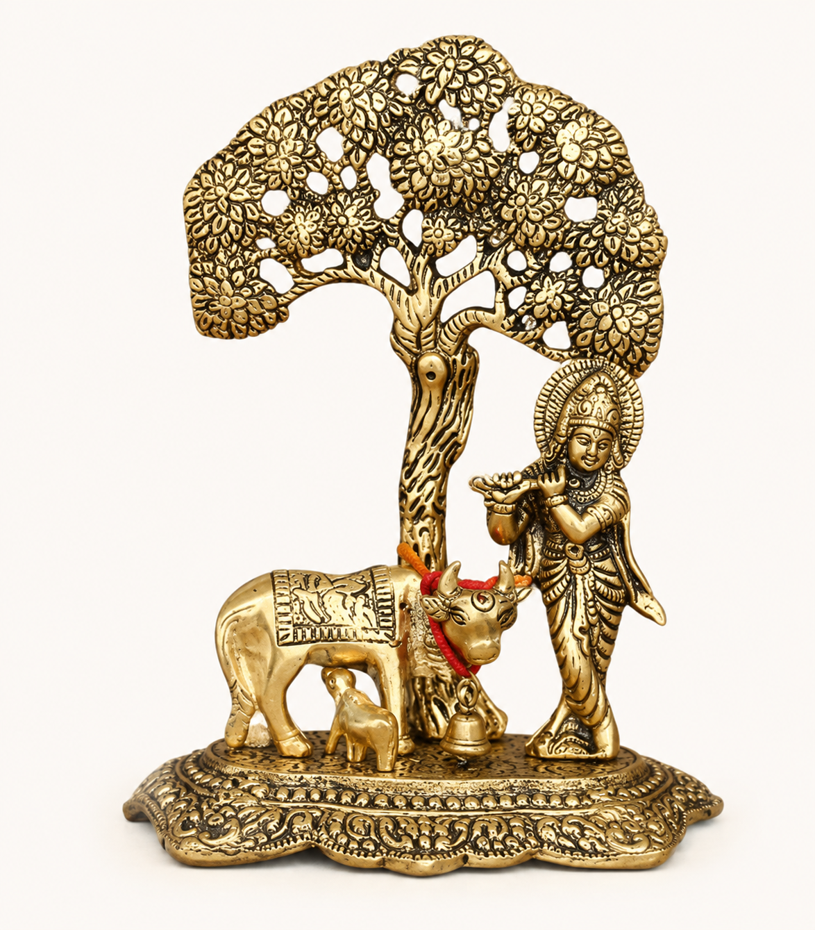 Krishna with Cow Standing Under Tree Plying Flute Decorative Showpiece Decorative Showpiece - 17 cm (Metal, Gold)