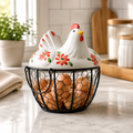Wire Egg Storage With White Ceramic Farm Chicken Top And Handles