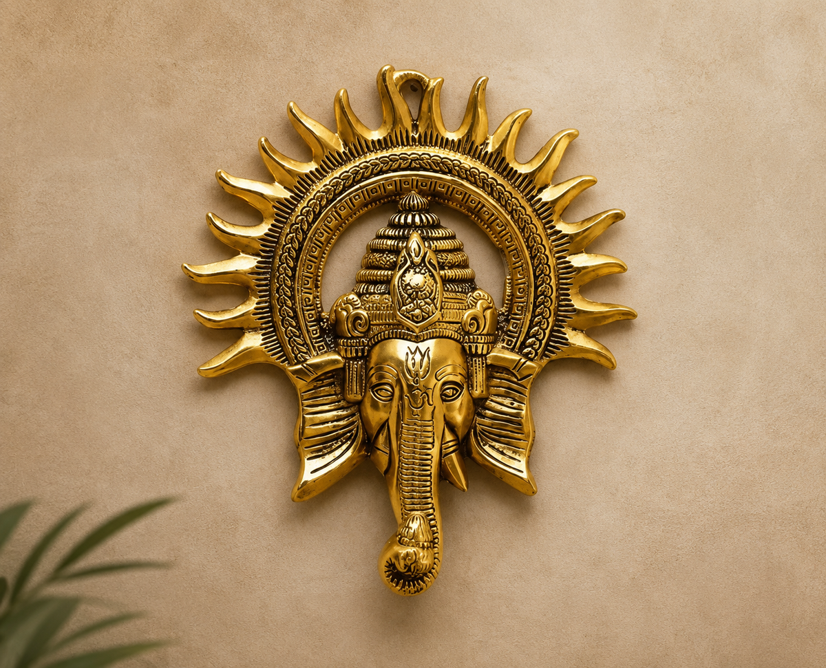 Golden Ganesha Wall Hanging with Sun Halo