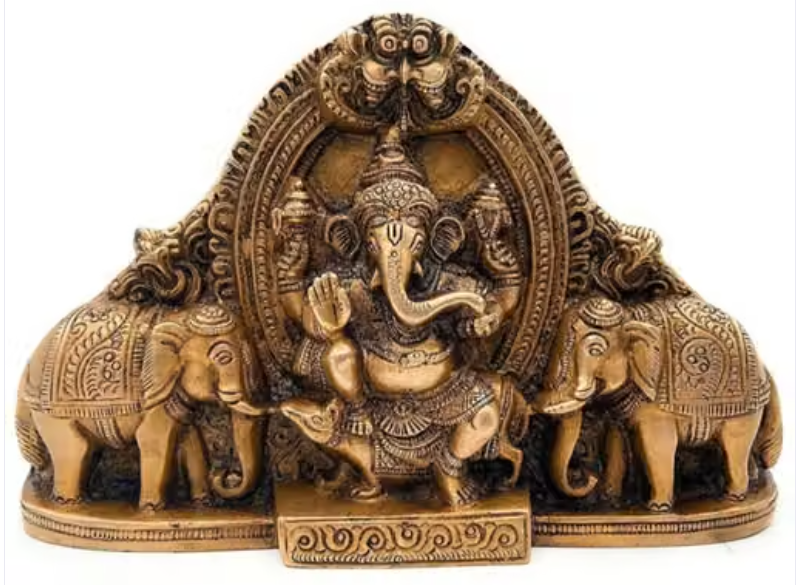 Metal wall hanging ganesh  sitting on mushak with elephant pair decorative showpiece