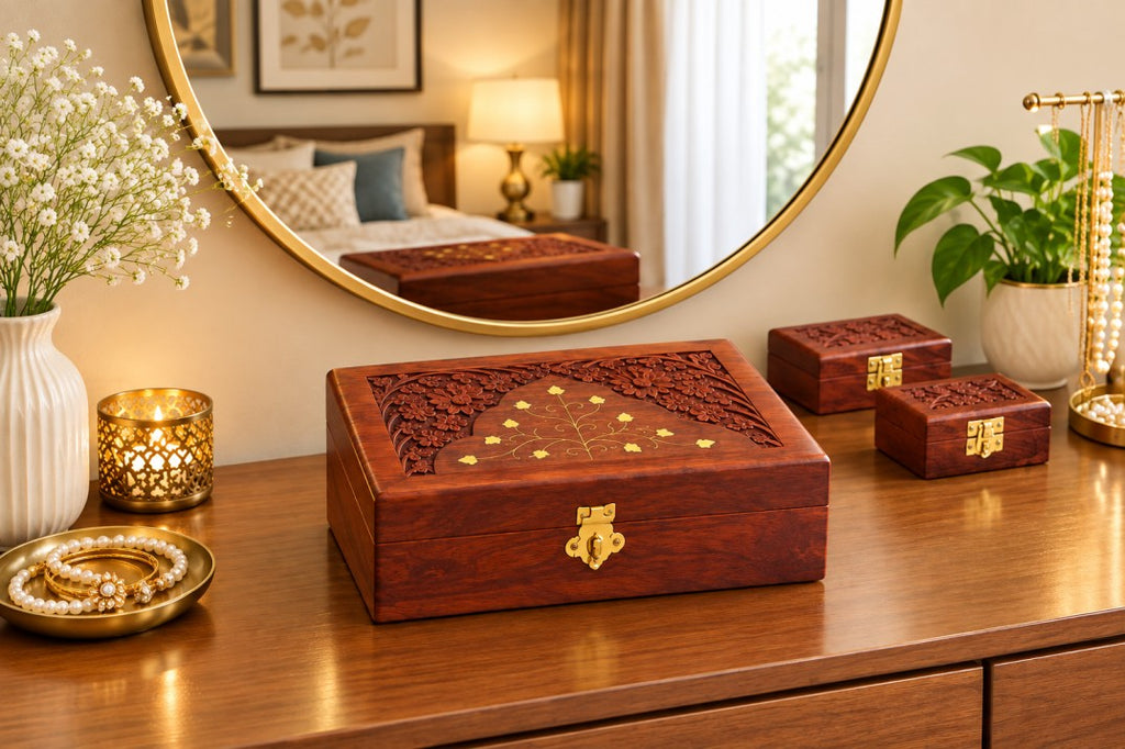 Wooden Jewellery Box for Women Hand Carved with Intricate Carvings Items