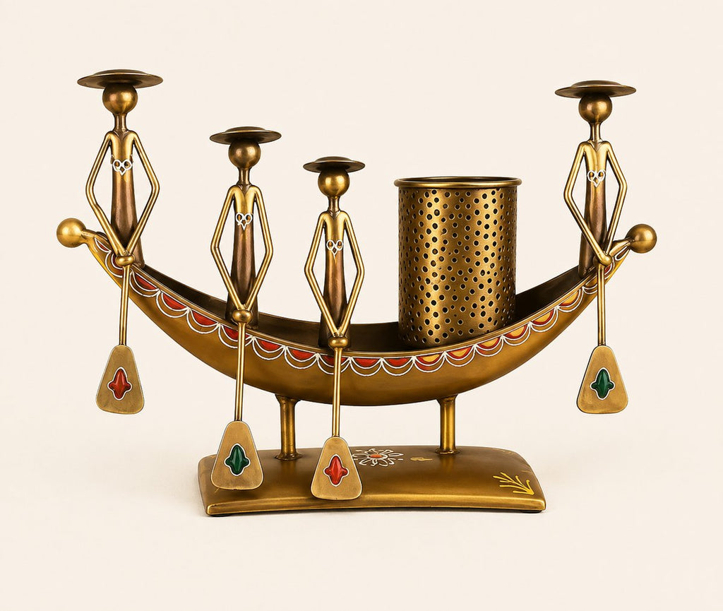 Kerala Boat Shaped Metal Showpiece with Pen Stand | Traditional Indian Decor | Ethnic Desk Organizer | Antique Boat Design Table Accent