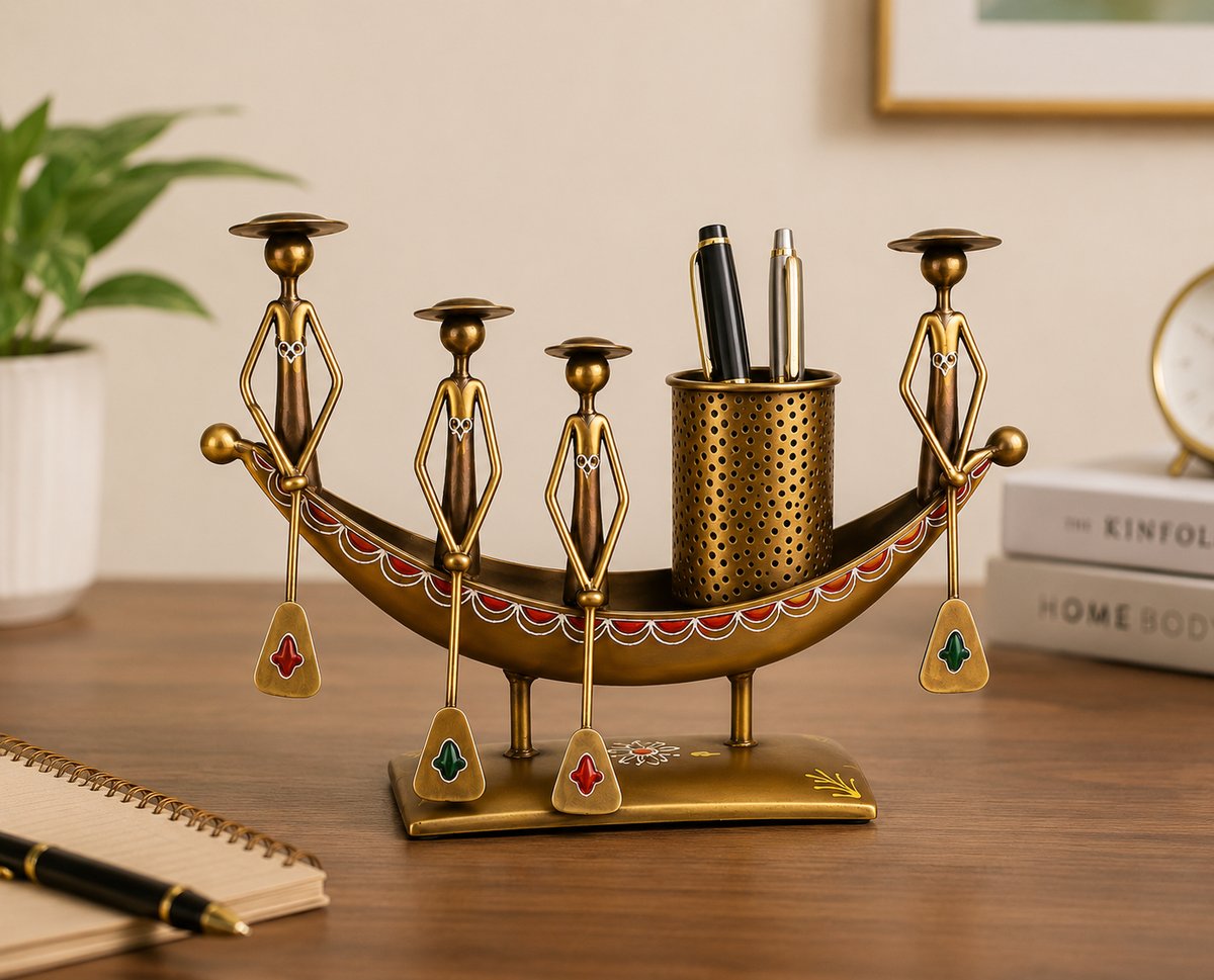 Kerala Boat Shaped Metal Showpiece with Pen Stand | Traditional Indian Decor | Ethnic Desk Organizer | Antique Boat Design Table Accent
