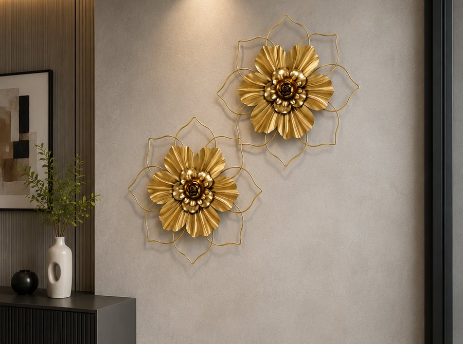 Golden Metal Flower Wall Art – 3D Floral Wall Décor for Home & Office