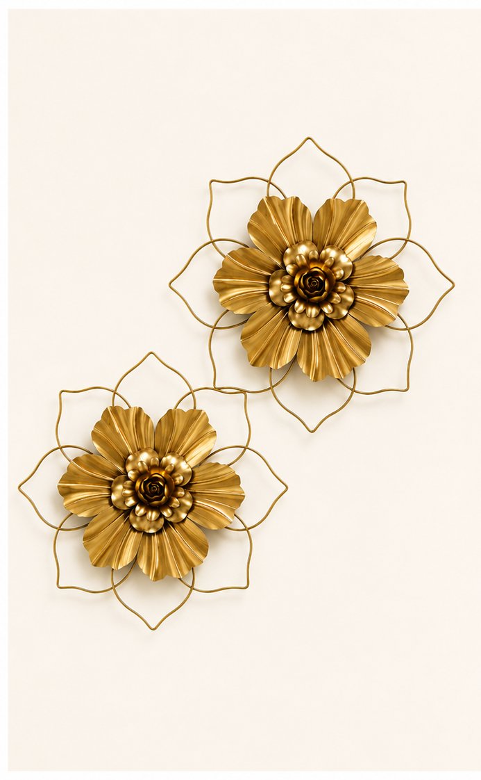 Golden Metal Flower Wall Art – 3D Floral Wall Décor for Home & Office