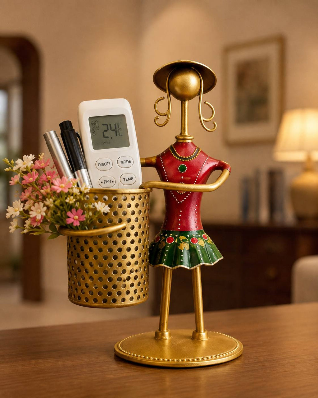 Metal Tribal Lady Pen Stand & Remote Holder | Hand‑Painted Decorative Table Organizer Showpiece for Home & Office