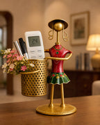 Metal Tribal Lady Pen Stand & Remote Holder | Hand‑Painted Decorative Table Organizer Showpiece for Home & Office